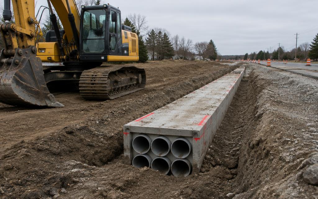Excavator stopped beside an exposed unmarked concrete duct bank in a half-built road