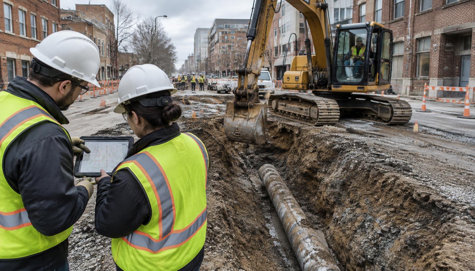Crew reviewing a tablet map beside an exposed pipe